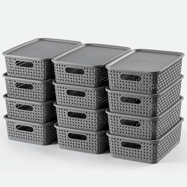 [ 12 Pack ] Plastic Storage Baskets With Lids, Small Pantry Organization, Stackable Storage Bins, Household Organizers for Cabinets, Countertop, Drawers, Under Sink or On Shelves,Gray