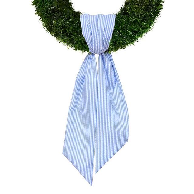 Baby Shower Wreath Sash for Front Door, Blue Seersucker Sash Holiday Stripes Wreath Accessories for Home Wedding Birthday Decorations