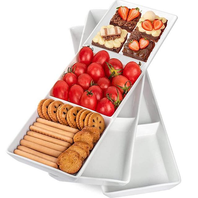 DELLING 16" x 5" Ceramic 3-Section Stackable Serving Tray Set of 3, 3 Compartment Appetizer Serving Tray, Serving Platter, White Rectangular Divided Serving Dishes, Snack, Food, Dessert Platters
