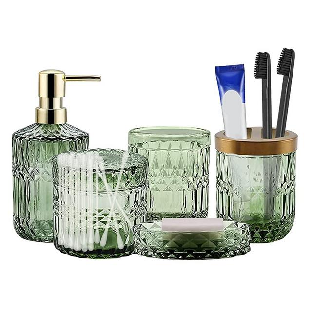 BestYiJo 5Pcs Glass Bathroom Accessories Set, Includes Lotion Dispenser, Soap Dish, Toothbrush Holder, Tumbler, Cotton Swab Jar, Modern Vintage Bathroom Decor Green Crystal Clear Decoration Gift