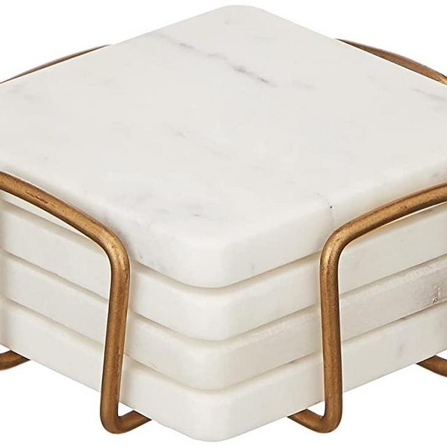Queenza Marble Coasters with Holder, Set of 4 Gold Coasters for Drinks , 4 Inch Modern Coasters for Coffee Table - Natural White Coasters with Padded Bottom