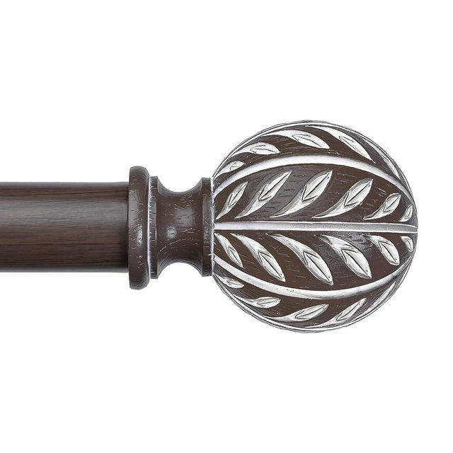 Boho Wood Curtain Rod, Walnut Long Decorative Curtain Rods for Windows 66 to 120 Inch with Handmade Wood Grain Leaf Finials, 1 Inch Adjustable Heavy Duty Window Treatment Rods, Easy Install