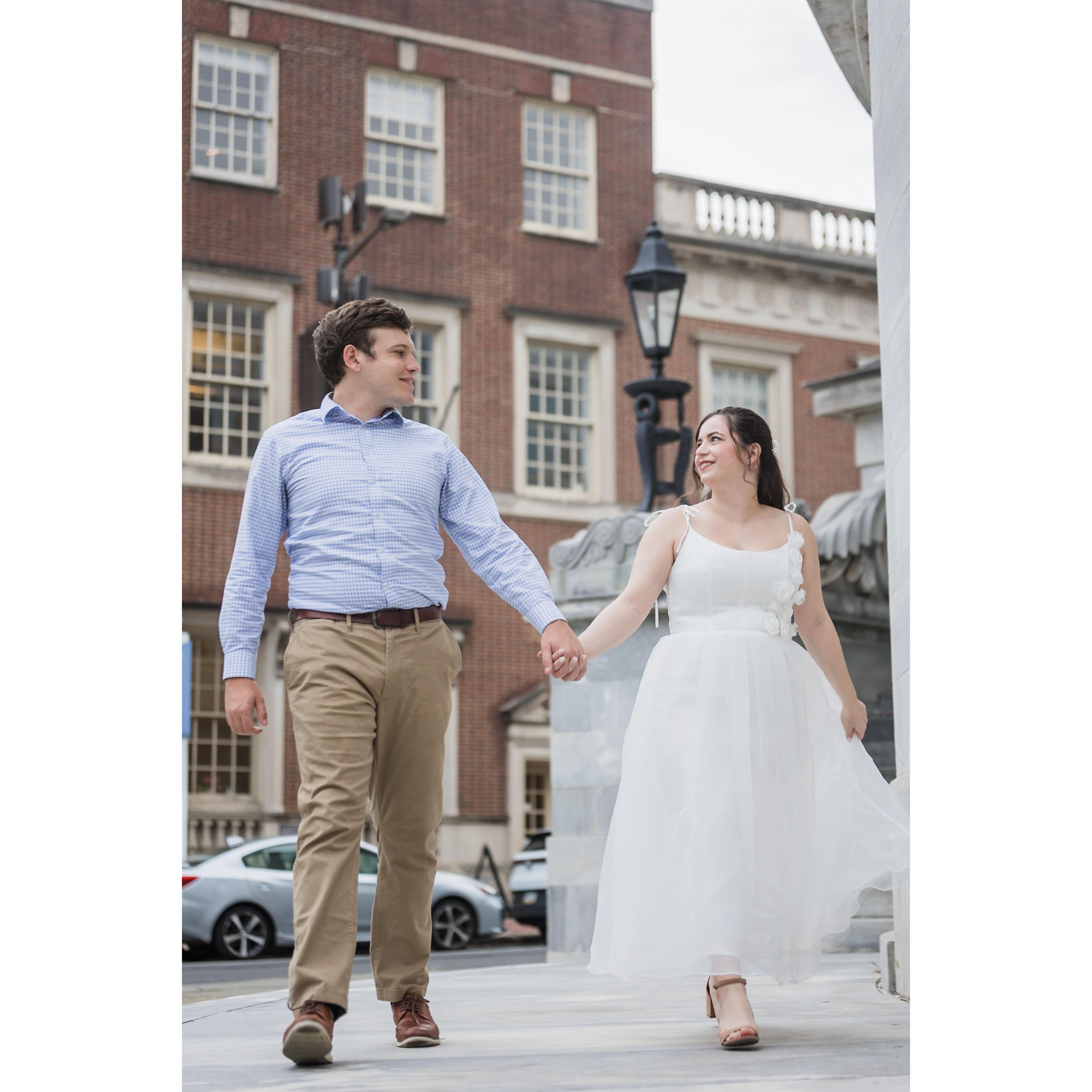 Engagement photos at the Merchant Exchange Building in Philadelphia