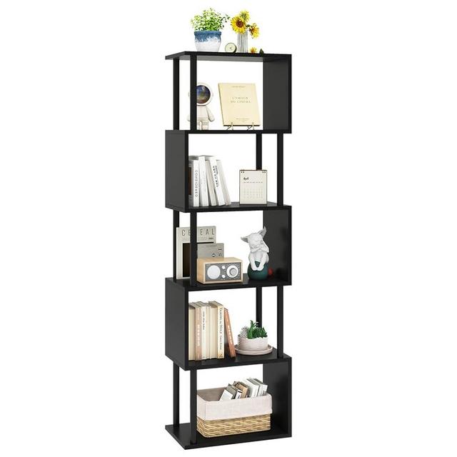 IBUYKE 6-Tier Tall Bookshelf,S-Shaped Geometric Bookcase, Wood Display Shelves with Storage,Modern Bookshelf for Living Room Bedroom, Home Office, Black WBC016B