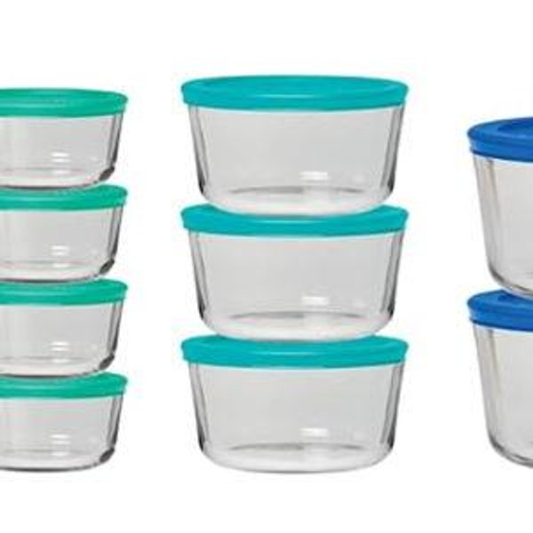 Anchor Hocking 26 Piece Glass Storage Containers with Lids (13 Glass Food Storage Containers & 13 Mixed Blue SnugFit Lids)