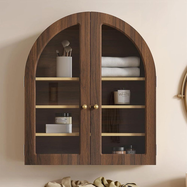 EYYTHUNG Arched Wall Cabinet, Large Wood Bathroom Medicine Cabinet Wall Mounted Cupboard, Modern Floating Storage Cabinet with Acrylic Door Adjustable Shelf, Wood Organizer (Brown-Oak)