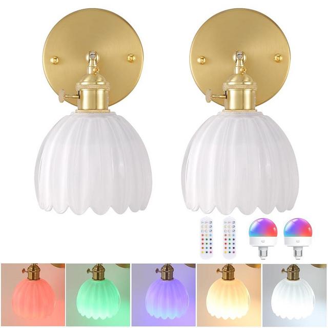 Shenmoyl Vintage Battery Operated Wall Sconce with White Tulip Glass Lampshade Wireless Rechargeable Battery Powered Wall Light with Remote Control for Bedside Bedroom Doorway, Set of 2