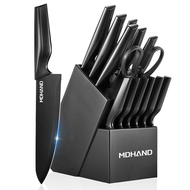 MDHAND Knife Set, 14 Pieces Kitchen Knife Set with Built-in Sharpener, German Stainless Steel Knife Block Set, Professional Chef Knife Set, Dishwasher Safe, Lightweight, Anti-slip Handle, Black