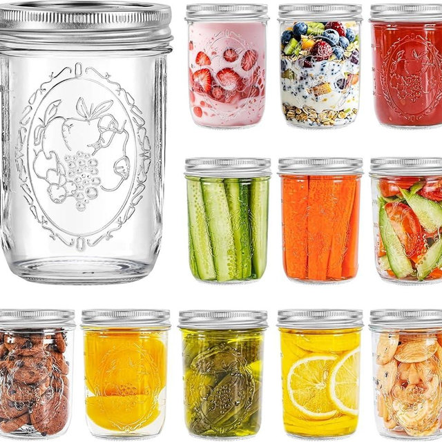 Miuyhji Mason Jars 16 oz with Lids, 12Pcs Wide Mouth Glass Canning Jars with Airtight Lids and Bands, Overnight Oats Containers for Pickling, Freezing, Preserving, Meal Prep, Jar Décor