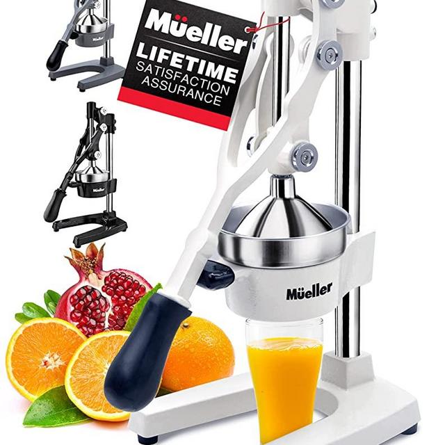 Mueller Professional Citrus Juicer - Manual Citrus Press and Orange Squeezer - Metal Lemon Squeezer - Premium Quality Heavy Duty Manual Orange Juicer and Lime Squeezer Press Stand, White