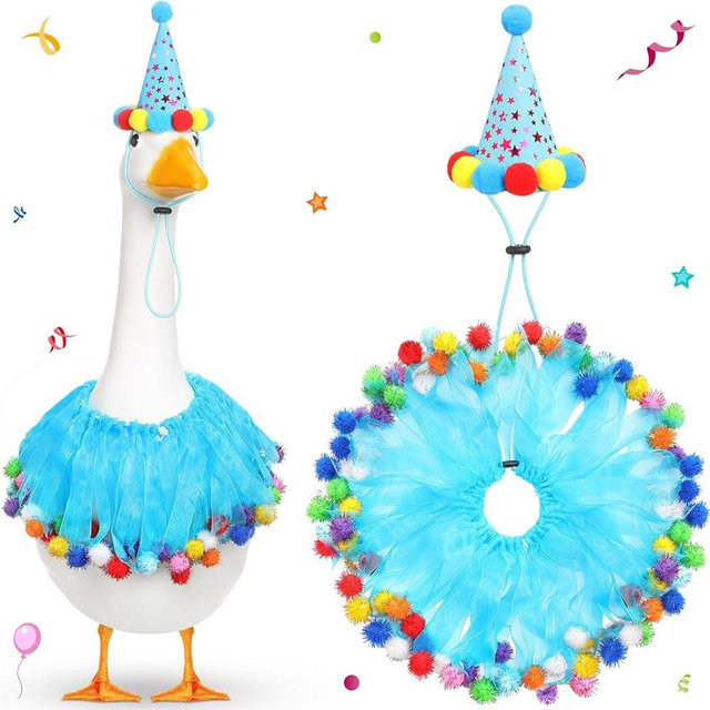 Jeere Birthday Porch Goose Outfit Lawn Clothes Hat and Tutu Collar Plastic Outfits for 23" 17" Cement Goose Outdoor Garden Lawn Art Decor(Blue,Hat)