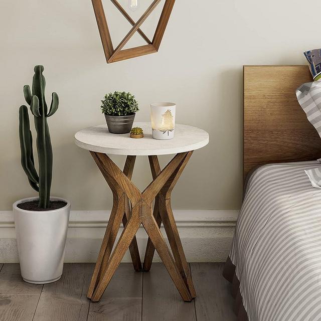 LONYKE Pedestal Farmhouse End Table, Distressed White Top with Tripod Base Beside Table for Living Room, Modern, Boho Decor, Round