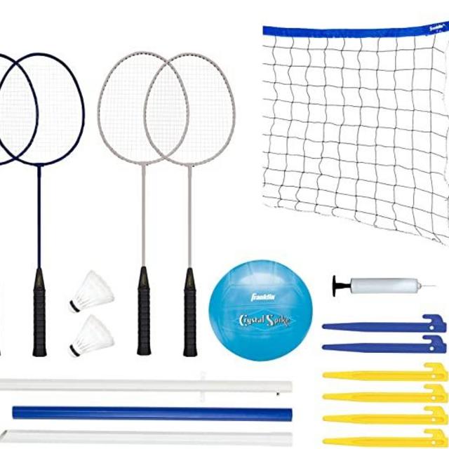 Franklin Sports Volleyball and Badminton Set - Volleyball, Pump, Badminton Rackets, Birdies, Net, and Adjustable Polls - Beach or Backyard Combo Set Games