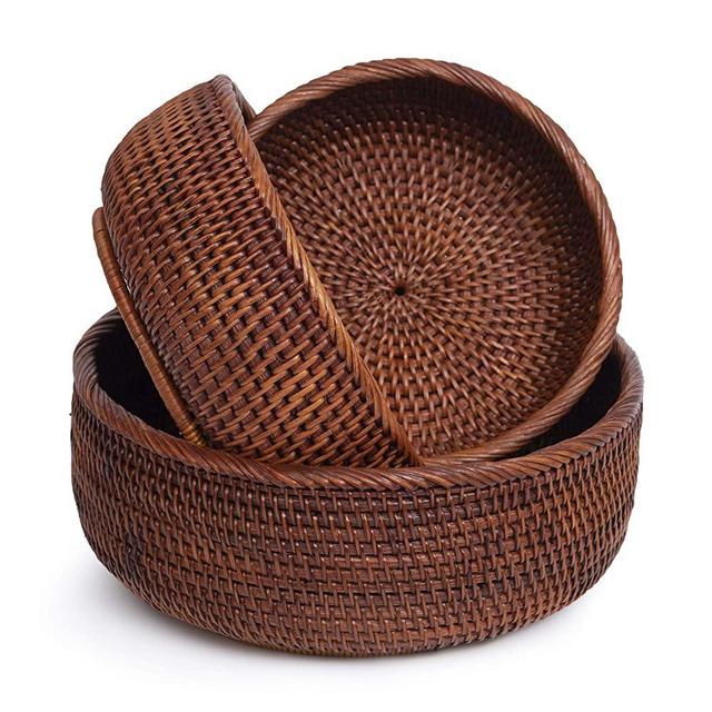 Wicker Bread Baskets For Fruit Vegetable Bowl Food Storage Organizing Kitchen Counter Desk Countertop Small To Large Natural Rattan Round Basket Serving Bowls Chips (3 Sizes: S+M+L, Honey Black)