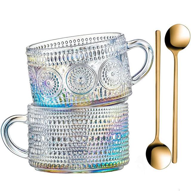 Gezzeny Vintage Coffee Mugs, Glass Coffee Mugs 14 Oz Set of 2 Iridescent Embossed Glass Cups, Tea Cups,Glass Coffee Cups for Cappuccino, Latte,Cereal, Yogurt, Beverage Christmas Thanksgiving Day Gifts