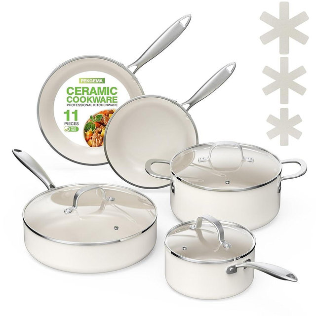 PekGema Pots and Pans Set Non Stick 11-Piece, Ceramic Cookware Sets, Oven Safe Non Toxic, Kitchen Cookware Set, PFOA PTFE FREE, Cream White