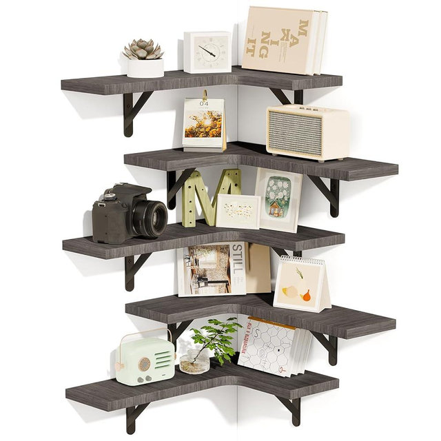 Fixwal Corner Floating Shelves Set of 5, Wall Mounted Corner Shelf, Rustic Wood Wall Shelves for Bathroom, Kitchen, Bedroom, Home Decor, Laundry Room, Living Room (Weathered Gray)