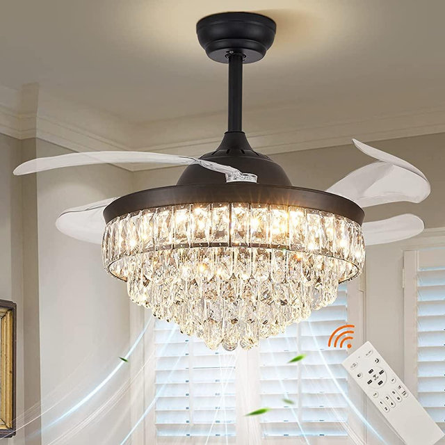 CLAIRDAI 42 Inch Dimmable Fandelier Crystal Ceiling Fans Modern LED Retractable Blade Ceiling Fan with Lights Remote 6 Speed, 3 Light Change Chandelier Fan for Bedroom (Black)