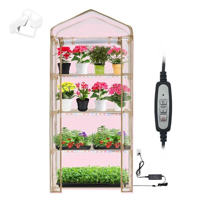 Purlyu Mini Greenhouse with Grow Light, 4 Tier 27.2" ×19.9" ×61.8" Portable Greenhouse with Zippered for Seed Starting Trays, Dimmable 2ft 60W Plant Light for Indoor Plant with Timer(PLGH704OWPT)