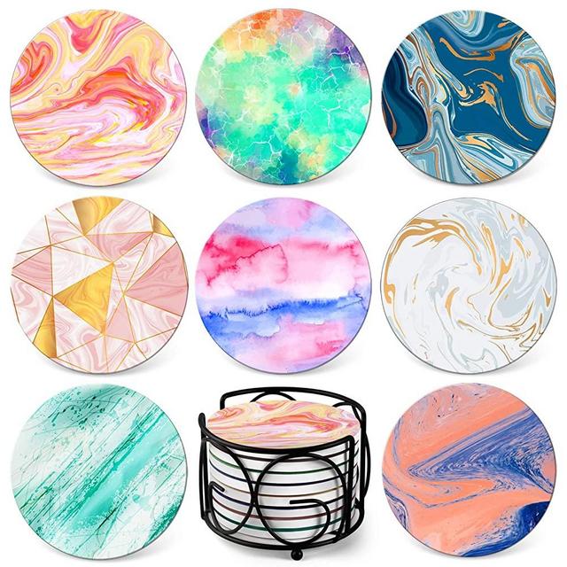 Coaster for Drinks by Teivio - Absorbing Stone Coasters with Cork Base,Metal Holder, Stone Coasters Set Suitable for Kinds of Mugs and Cups, Set of 8 (Marble)