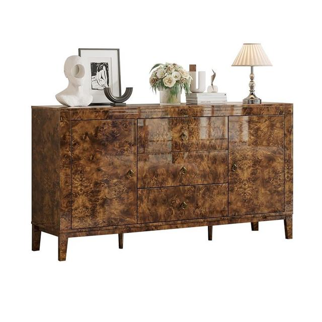 LUXOAK 60'' High Gloss Burl Wood Buffet Sideboard, Storage Cabinet with 3 Drawers & 2 Closed Cabinets, Modern Buffet Table for Dining Room,Living Room, Dark Brown Burl