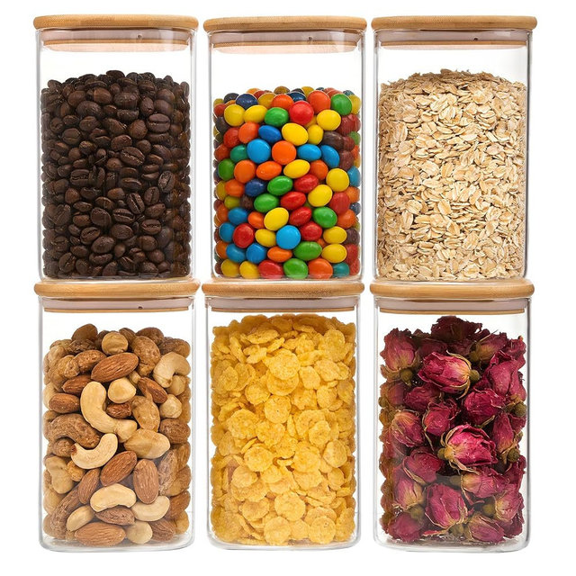 Moretoes 6 Pack 1.2qt Square Glass Storage Containers with Bamboo Press Lids, Airtight Pantry Storage Jars for Flour, Sugar, Dry Goods