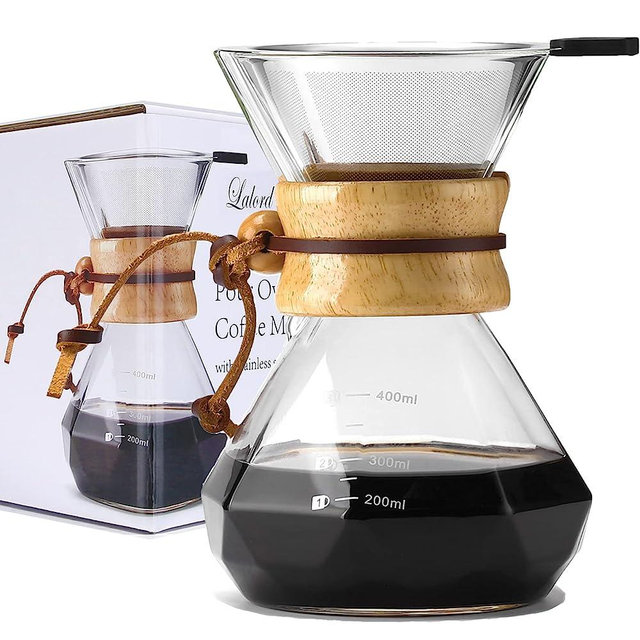 Lalord Pour Over Coffee Maker with Reusable Stainless Steel Filter, Borosilicate Glass Coffee Carafe, Wooden Collar, Coffee Dripper Brewer, Hold 2 Cups,13.5oz/400ml