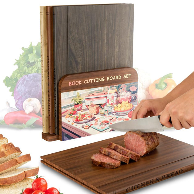 Premium Book Cutting Board Set – Crafted from 100% Black Walnut, Sapele, and Bamboo A Stylish Base With Cartoon Designs | Decorative and Functional Kitchen Essential（Walnut, Sapele, Bamboo）