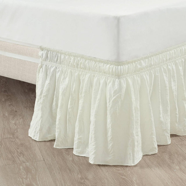 Queen/King/Cal King Single Ruched Ruffle Elastic Easy Wrap Around Bedskirt Ivory - Lush Décor