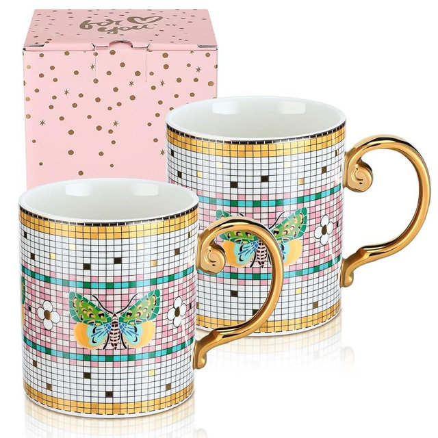 Yiyiring 2 Set Butterfly Tile Coffee Mug 10 oz Valentine Ceramic Coffee Mug with Handle Cottagecore Checkered Tea Cup Souvenirs Valentine Gifts for Lovers Friends Birthday Party