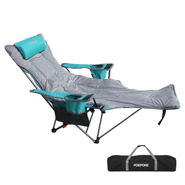 POEPORE Reclining Camping Chair with Removable Footrest Lounge Chair with Headrest, Cotton Cushion, Portable Adjustable Folding Chairs