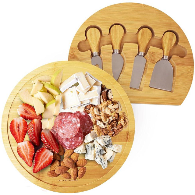 RoyalHouse Bamboo Round Cheese Board and 4 Knives Set with Slide-Out Cutlery Drawer - Charcuterie Boards Set - House Warming Gifts New Home, Wedding Gifts for Couple 2025, Bridal Shower Gifts