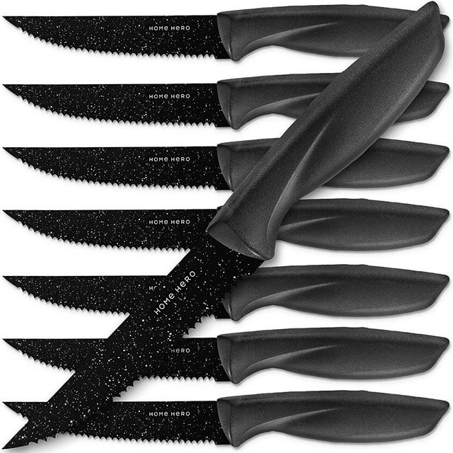 Home Hero Serrated Steak Knives Set of 8 - High Carbon Stainless Steel - Dishwasher Safe Steak Knife Set - Sharp 4.5" Blade - Non-Stick Coated & Anti-Rust - 8-pcs Black Granite