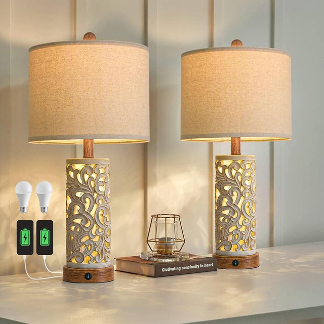 OYEARS 22'' Table Lamp Set of 2 for Living Room,Farmhouse Lamp for for Bedroom,Vintage Retro Bedside Lamps with USB Ports Linen Shade for Home Office (Brown, Bulb Included)
