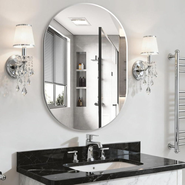 NEUWEABY Oval Bathroom Mirror Capsule Wall Vanity Mirror, 24"x36" Pill Mirrors Wall Mounted Mirror, Large Modern Mirror with Silver Metal Frame, Decor for Entryway, Bedroom, Living Room