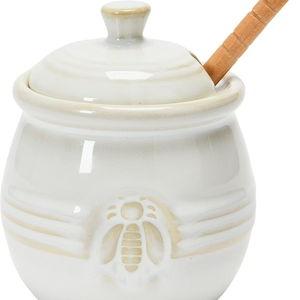 Creative Co-Op Farmhouse Embossed Stoneware Honey Pot with Wood Honey Dipper, White