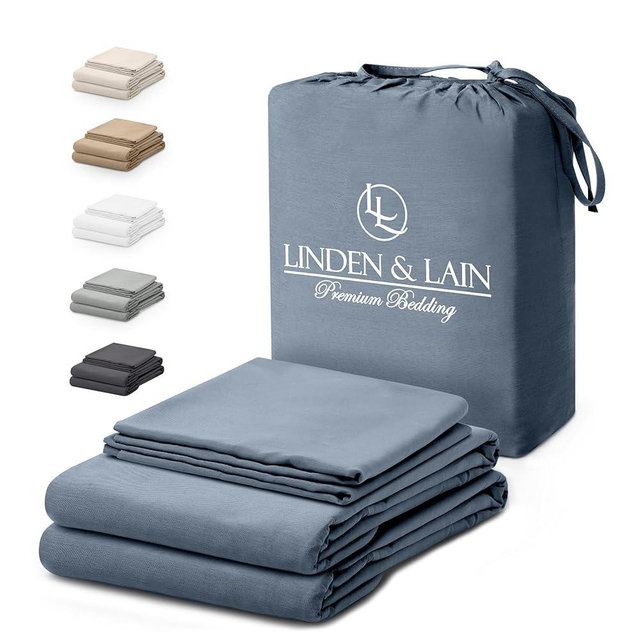 Linden & Lain Luxury Queen Size Bed Sheet Set | Organic Ultra Soft Bed Sheets | Viscose Derived from Bamboo | Microfiber | 18" Deep Pocket with Upgraded Elastic | Best Cooling Technology | Stone Blue
