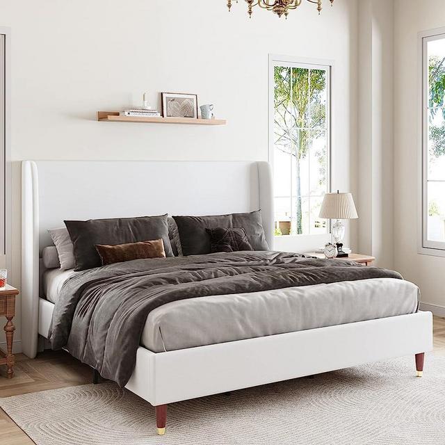Jocisland Queen Size Bed Frame 51.2" High Linen Upholstered Platform Bed with Wingback Headboard/No Box Spring Needed/Easy Assembly/White