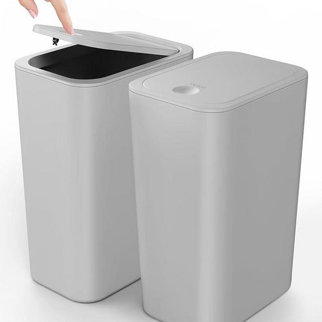 Cesun 2 Pack Bathroom Trash Can, 4.0 Gallon / 15 Liter Small Garbage Can with Press Top Lid, Plastic Wastebasket with Pop-up Lid for Toilet, Office, Bedroom, Living Room, Grey