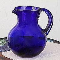 Handblown Glass Recycled Classic Blue Pitcher Serveware, "Cobalt Light"