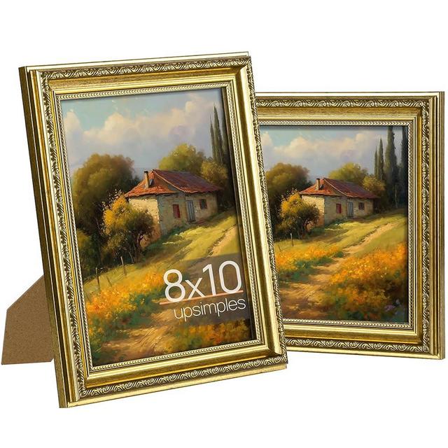 upsimples 8x10 Picture Frame with Real Glass, Ornate Vintage Picture Frames for Wall or Tabletop Display, Gold 8 x 10 Photo Frame for Antique Décor, 2 Pack