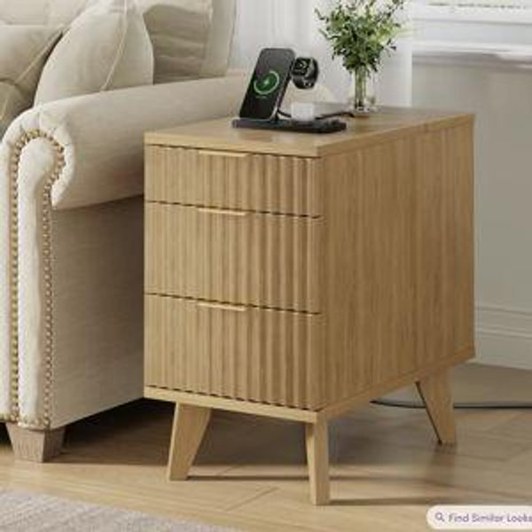 End Table with Drawers and Charging Station - Natural Wood