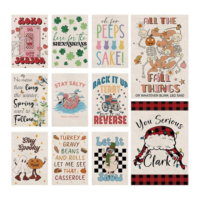 Seasonal Garden Flags Funny Seasonal Double Sided Flags Set of 11 Holiday Farmhouse Indoor Christams Gifts Outdoor Yard Lawn Decorations 12.5x18 Inch