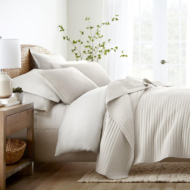 Stripes Floral and Diamonds Quilted Coverlet Set With Shams - Becky Cameron, King/California King, Stripe Stitch / Natural