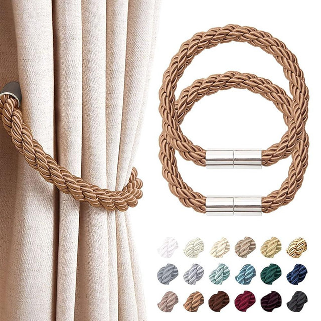 NICEEC 2 Pack Strong Magnetic Curtain Tiebacks Modern Simple Style Drape Tie Backs Convenient Decorative Weave Rope Curtain Holdbacks for Thin or Thick Home & Office Window Draperies (Light Coffee)