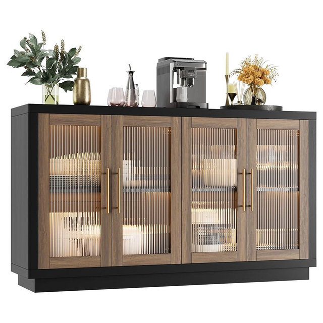 FOTOSOK Buffet Cabinet with Storage, 55.1" Large Sideboard Buffet Cabinet, Modern Sideboard Kitchen Cabinet with 4 Fluted Glass Doors, Wood Coffee Bar Cabinet Buffet Table for Kitchen, Black/Brown