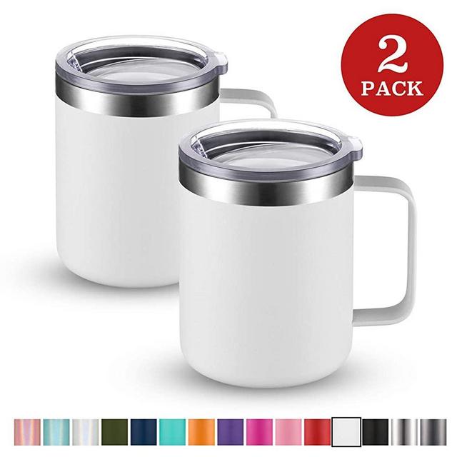 Civago Stainless Steel Coffee Mug Cup with Handle, 12 oz Double Wall Vacuum Insulated Tumbler with Lid Travel Friendly (White, 2 Pack)