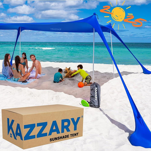 KAZZARY Beach Tent UPF50+ Sun Shade Canopy with Sandbags, 4 Stability Poles, Ground Pegs, Flying Disc Sand Shovel, Lightweight Sunshade Shelter, 7ft Tall for Outdoor Trips, Camping and Sports
