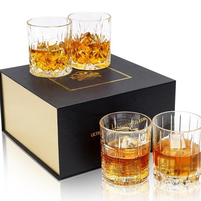 KANARS Whiskey Glasses Set of 4 - Multi Style Crystal Liquor Glasses 10 oz - Rocks Glass Barware For Scotch, Bourbon, Rum and Cocktail, Whisky Gifts for Men