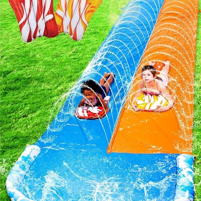 JOYIN 32.5FT Water Slide and 2 Inflatable Boards, Extra Long Double Lawn Heavy Duty Splash Mat Pad with Sprinkler for Kids Adults Backyard Summer Water Toy Outdoor Fun, Blue, Orange